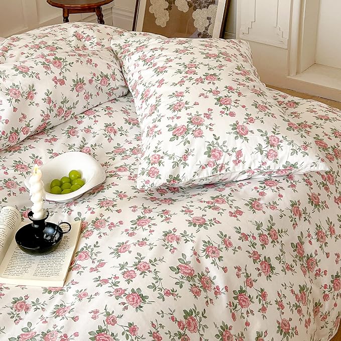HighBuy Pink Floral Comforter Set Queen Vintage Floral Comforter Sets with Pink Botanical Soft Cozy Queen Bedding Comforter Set with 2 Pillowcases,Cute Floral Bed Comforter Sets for All Season