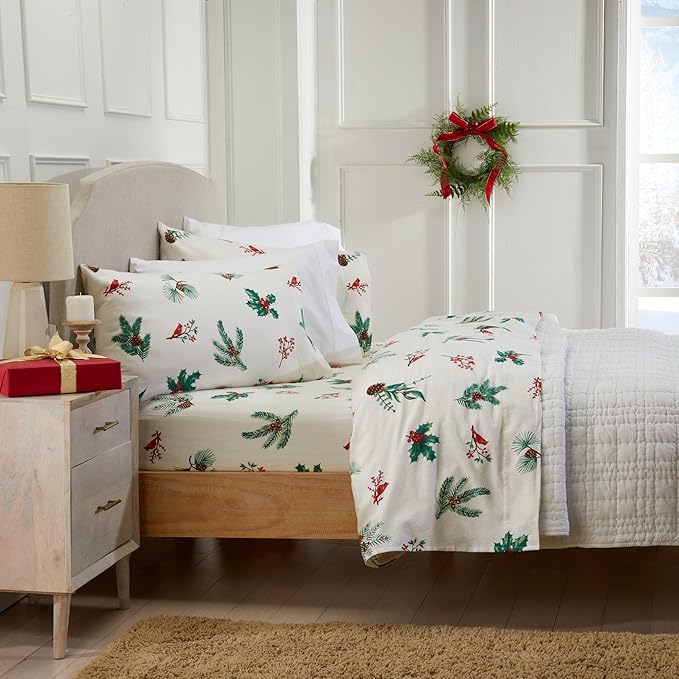 Market & Place 100% Cotton Full Flannel Sheet Set | 4 Piece Deep Pocket Novelty Cozy Winter Bed Sheets | Double Brushed for Extra Softness & Comfort | Alpine Collection (Full, Cardinal & Pine)