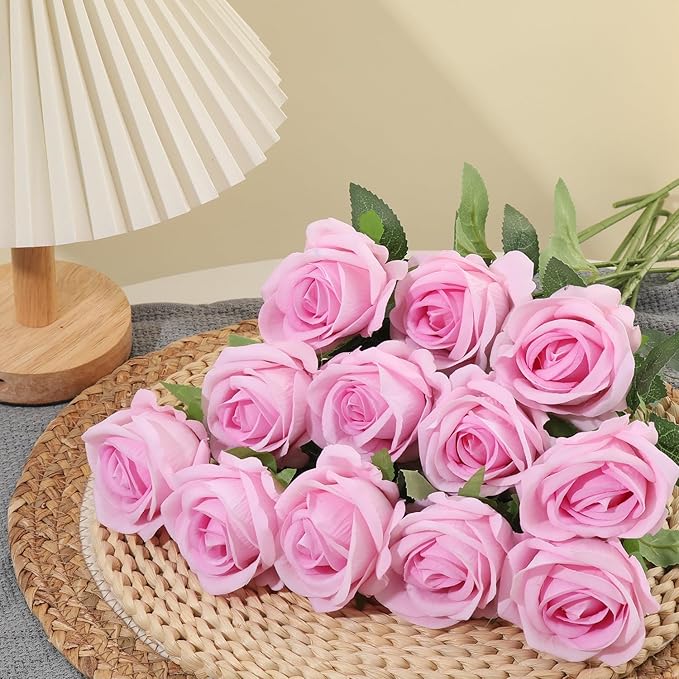 50Pcs Pink Roses Artificial Flowers Fake Roses Faux Velvet Silk Flower for Home Wedding Decoration (Pearl Rose, Gradient Pink)