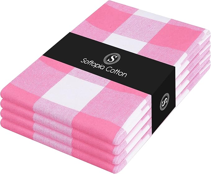 Buffalo Check 4 Pack Kitchen Towels, 16"x26", Plaid Dish Towels, 100% Cotton, Absorbent, Washable, Everyday Kitchen Essentials, Soft Cloths for Cleaning, Drying Hands, Pink White