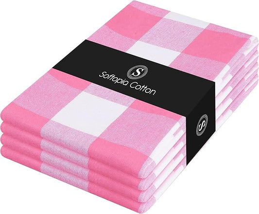 Buffalo Check 4 Pack Kitchen Towels, 16"x26", Plaid Dish Towels, 100% Cotton, Absorbent, Washable, Everyday Kitchen Essentials, Soft Cloths for Cleaning, Drying Hands, Pink White