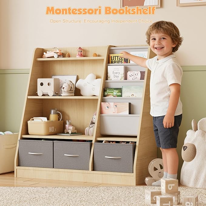 NACHES Kids Bookshelf and Toy Storage Organizer, Montessori Nursery Book Shelves with Sling Rack & Fabric Toy Bins, Children Toddler Baby Bookcase, Wooden Toy Shelf for Kids Room, Playroom, Burlywood