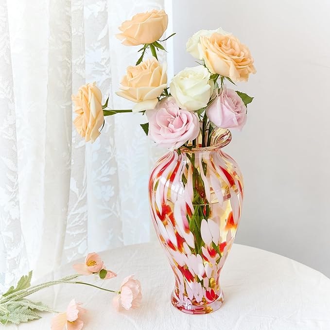 QFkris Hand Blown Glass Vase for Flowers, 12 Inch Tall Crystal Flower Vases for Bouquet Home Decor Decorative Centerpieces, Unique for Mom, Valentine's Day Gift for Her Lover Girlfriend