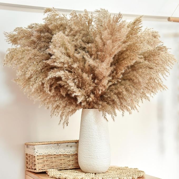 44pcs Pampas Grass Decor-Natural Dried Pampas Grass,Fluffy Brown Pompas Grass,Short Fluffy Pampas Grass Bulk for Small Boho vases,Wedding Flower,Boho Home Decor,Living Room Table Decor(17inch)
