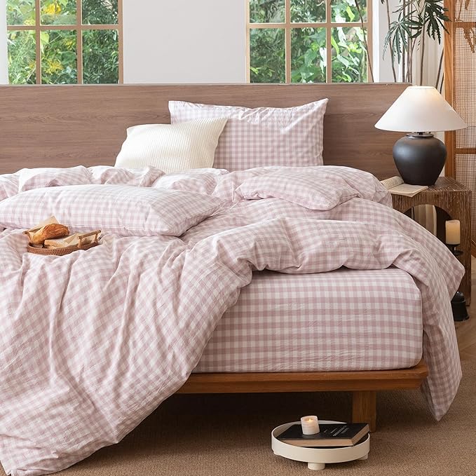 MooMee Gingham Duvet Cover Set 100% Washed Cotton Linen Like Textured Breathable Durable Soft Comfy Modern Checkered Design (Classic Gingham Greyish Pink, Twin 68"x90")