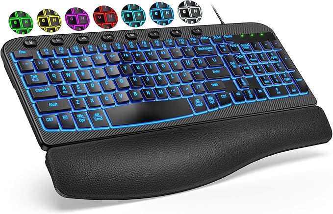 SABLUTE Ergonomic Keyboard, USB Wired with Cushioned Wrist & Palm Rest, 7-Color Backlit Adjustable Brightness for Windows, macOS, Desktop, Laptop & PC