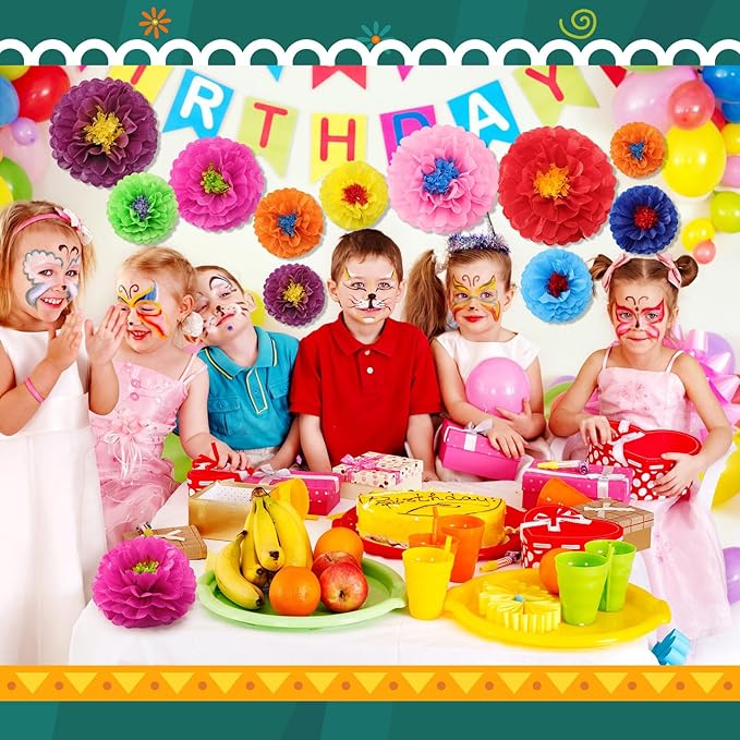 Geyee 27 Pcs Mexican Paper Flowers Colorful Fiesta Tissue Paper Flowers Mexican Carnival for Floral Party Backdrop Birthday Wedding Party 8, 10, 12 Inch(Stylish Color)