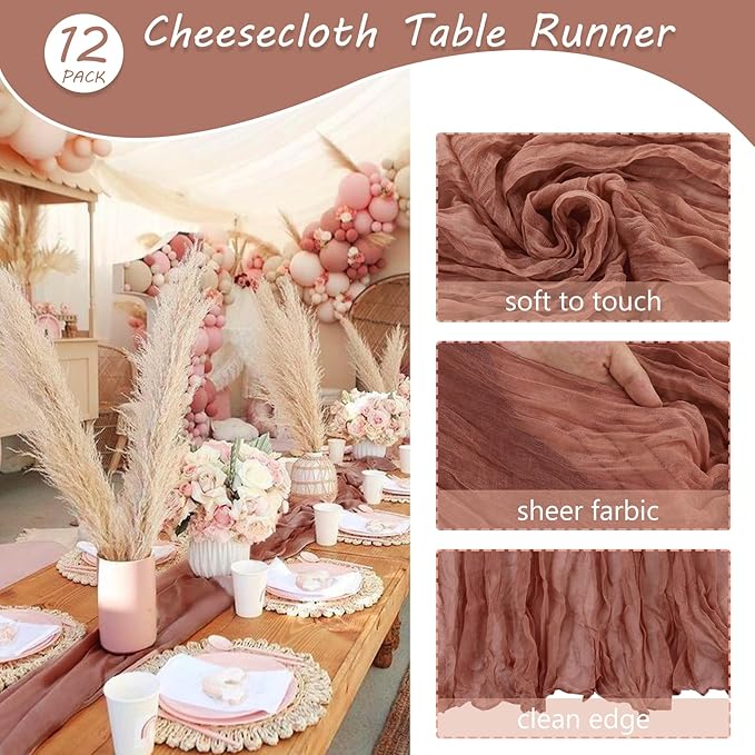 12 Pack 10Ft Cheesecloth Table Runner 35x120 Inch Boho Gauze Table Runner Rustic Cheese Cloth Long Romantic Table Runners for Wedding Bridal Shower Birthday Party Table Decor (Dusty Blush)
