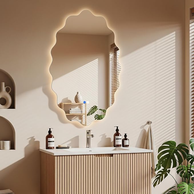 Oval Wavy Led Bathroom Mirror- Vanity Mirror with Lights IP54 Enhanced Anti-Fog,Single Piece 24"x36" 3 Colors Dimmable, Memory,Tempered Glass,UL Listed