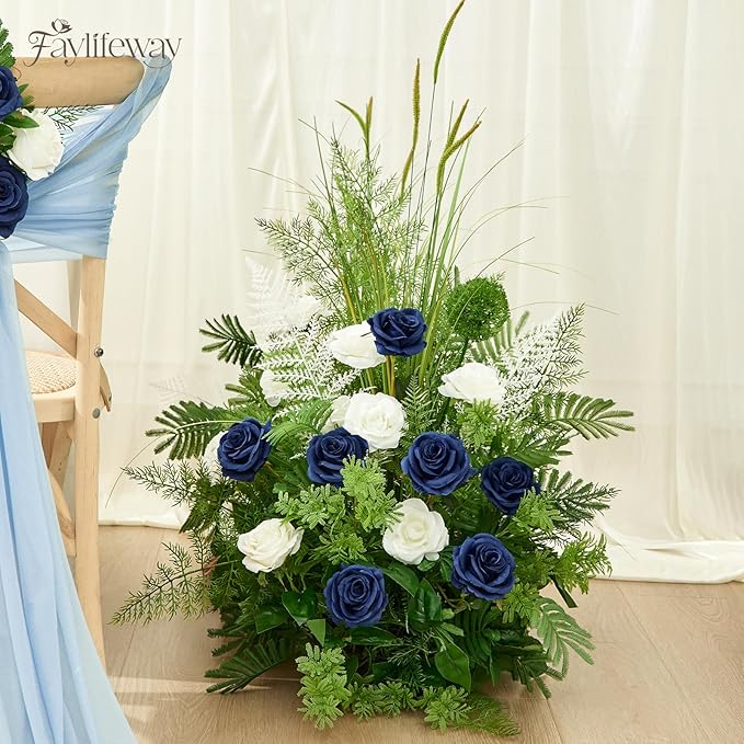 20PCS Artificial Dusty Blue Roses, 3.9'' Silk Flower Head Fake Blue Rose with Long Stems, Realistic Faux Roses Bouquet for Mother's Day DIY Wedding Home Party Office Decoration