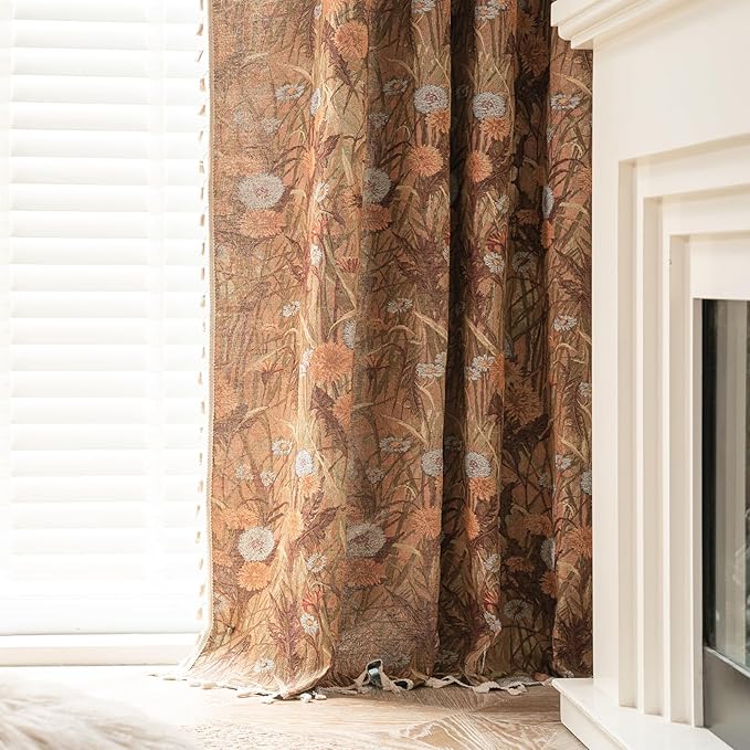ENJOYBRIDAL Dandelion Curtains 63 Inches Long Bedroom Boho Drapes Short Semi Sheer Jacquard Rod Pocket Window Curtain Panels Vintage Living Room 2 Panels Decorative Tassel Farmhouse Window Treatments