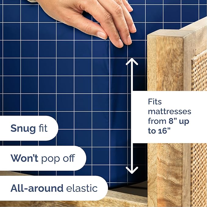 CGK Unlimited Blue Grid Bed Sheet Set – 1 Flat & 1 Fitted Sheet & 2 Pillowcases w/Deep Pockets – Wrinkle & Fade Resistant - Soft, Breathable & Cooling – Checkered Grid Bed Set, Seasons - Full Size