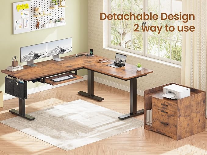 SEDETA L Shaped Electric Standing Desk with File Cabinet, 63 x 53'' Height Adjustable Home Office Computer Desk with 3 Drawers, Power Outlet, Stand up Gaming Table with Led Lights, Rustic Brown