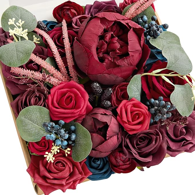Ling's Moment Burgundy Flowers Artificial, Navy Blue Fake Flowers, Red Flowers and Greenery Combo for DIY Wedding Bridal Bouquet, Centerpieces, Home Decor, Floral Arrangement Decor, etc.