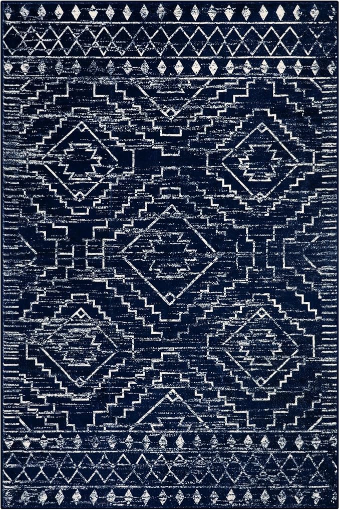 Wonnitar Moroccan Washable Area Rug 4x6, Blue Rugs for Living Room, Non-Slip Boho Bedroom Throw Mat, Non-Shedding Large Geometric Low Pile Floor Carpet for Home Office Mudroom Kitchen (Blue,4'x6')