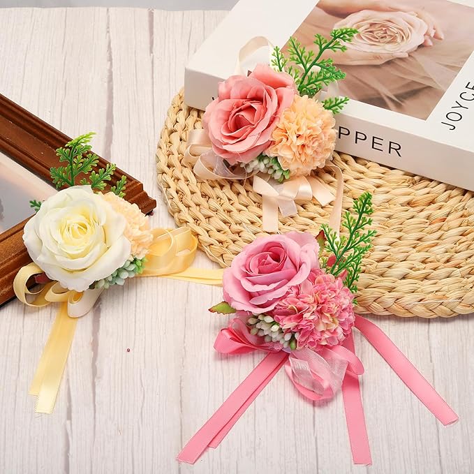 PATIKIL Artificial Wrist Corsage for Prom, Artificial Flower Wrist Corsages Band Rose Wrist Corsage Wristlet Hand Decor for Wedding Prom Party Accessory - 2 Pack (Dark Green)