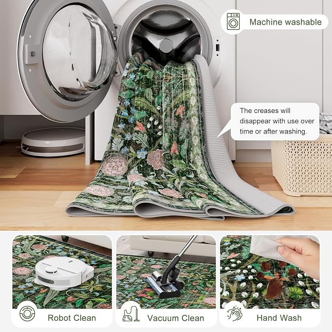 AMTOVO 9x12 Washable Area Rugs for Living Room, Non-Slip&Non-Shedding Floral Large Soft Boho Vintage Print Carpet for Bedroom Girls Room Dorm Dining Room Farmhouse Nursery Home Office, Dark Green