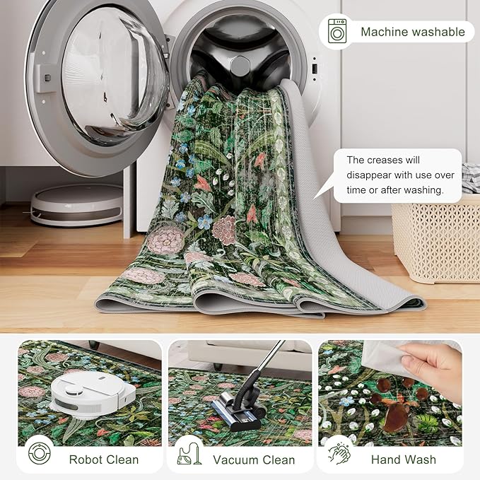 AMTOVO 8x10 Washable Area Rugs for Living Room, Non-Slip Large Soft Boho Floral Vintage Accent Print Carpet for Bedroom Dorm Dining Room Farmhouse Nursery Playroom Home Office, Dark Green