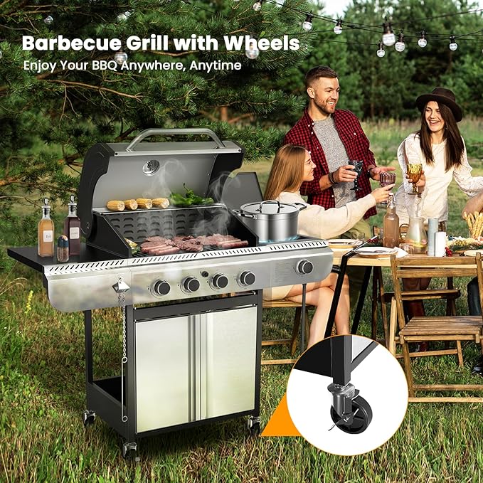 Electactic G41 Gas Grill,4-Burner Gas BBQ Grill with Side Burner, Porcelain-Enameled Grills, 42,000 BTU Stainless Steel Propane Grill for Outdoor Cooking and Patio Barbecues