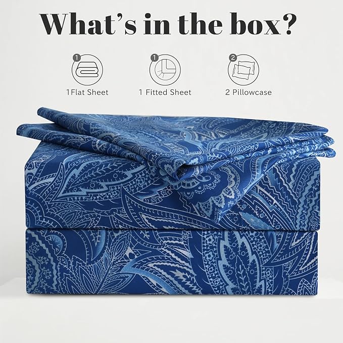 Bedlifes King Sheet Set Ultra Soft, Breathable, Silky Flower Deep Pocket 100% Microfiber Bedding, 4 Piece King Size Paisley Dark Navy Blue