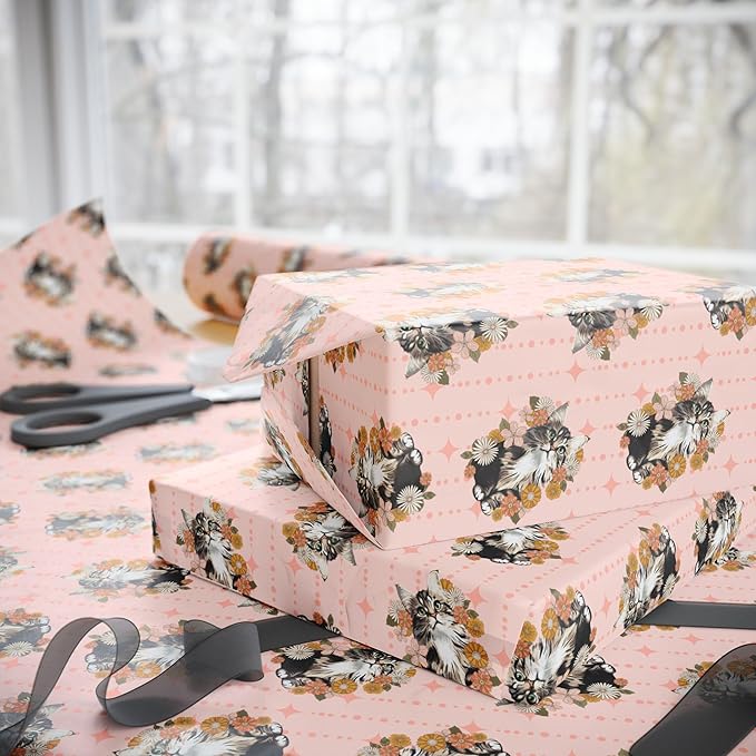 Meandering Annie Pink Floral Kitty Wrapping Paper, Retro Blush Cat Flower Print Gift Wrap Roll, Birthday Valentine's Day 30"x72"