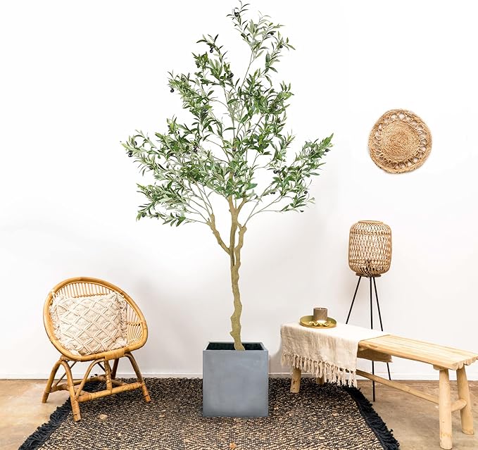 Tall Faux Olive Tree，7ft（84in） Realistic Potted Silk Artificial Indoor with Green Leaves and Big Fruits for Home Office Living Room Bedroom Stairs Foyer Decor.