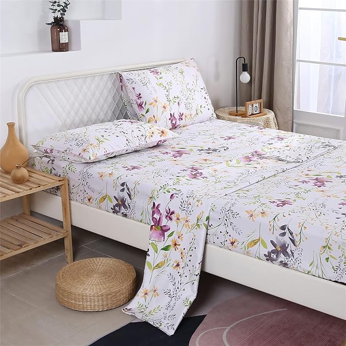 RYNGHIPY Cotton Floral Bed Sheet Set Queen Size Botanical Flowers Print Bedding Shabby Garden Floral Bed Sheets