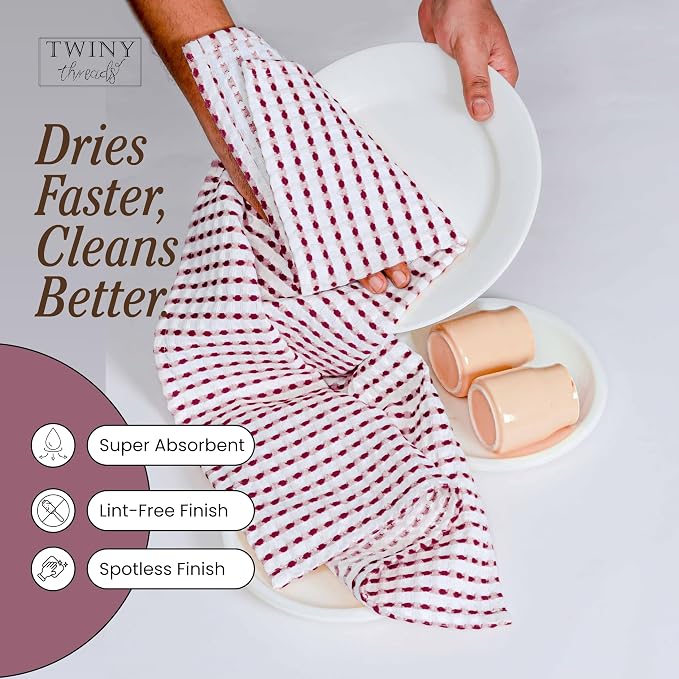 TWINY threads Waffle Weave Dish Towels Set of 4, Premium Cotton 16x26 Kitchen Hand Towel, Super Absorbent, Durable & Reusable Tea Towels for Home, Restaurants & Cafes, Burgundy Wine, White