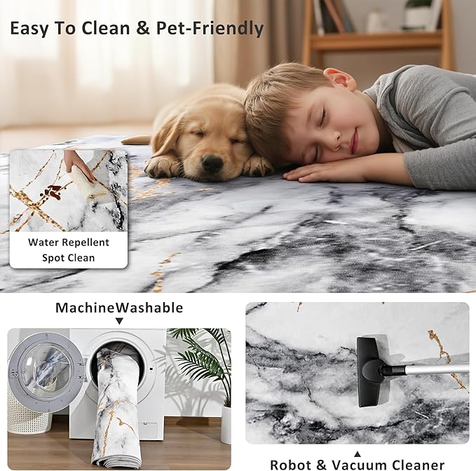 Merelax 5x8 Rug for Bedroom Livingroom - Washable Non-Slip Large Area Rug, Indoor Floor Carpet Low Pile Soft Rug for Dining Room, Mudroom, Modern Aesthetic Abstract Geometric Decor, Grey/Gold