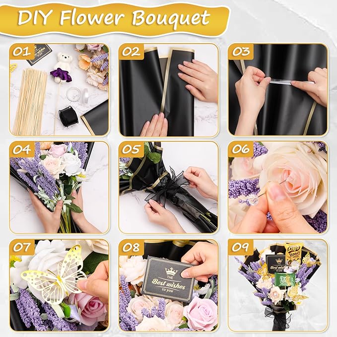 ROADPLUM 20 Sheets Flower Wrapping Paper, Black Bouquet Wrapping Paper Accessories with 100 Diamond Pins 60 Gold Butterflies 3 Ribbon 10 Cards 90 Bamboo Stick, DIY Floral Bouquet Supplies