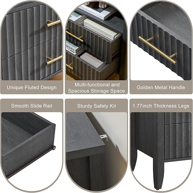 Fluted Nightstands with 2 Drawers, 27" Modern Nightstands Set of 2 with Storage Shelf, Large Queen Size Bedside Table and End Table for Bedroom,Hallway,Office, Dark Gray