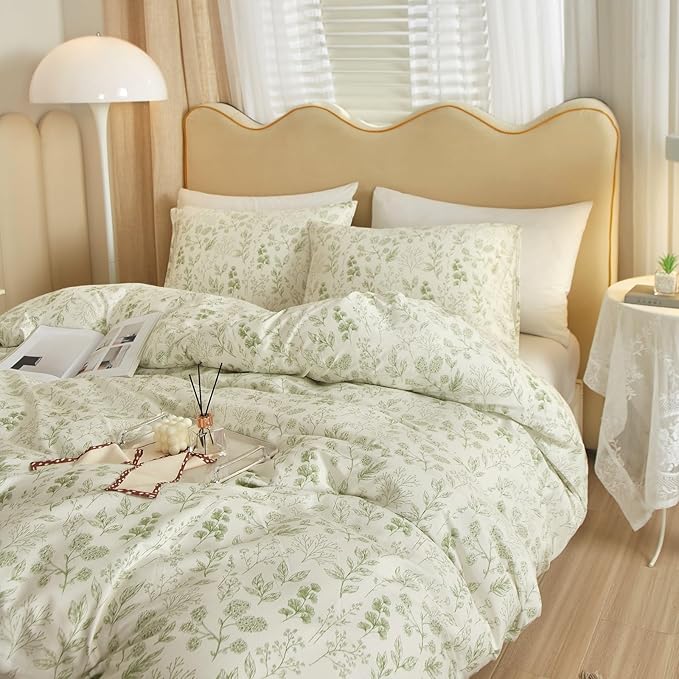 Garden Style Green Floral Comforter Set Full Size White Soft Fluffy Microfiber Comforter Chic Floral Printed Bedding Set Vintage Flowers Leaves Botanical Comforter Set All Seasons Full Comforter Set