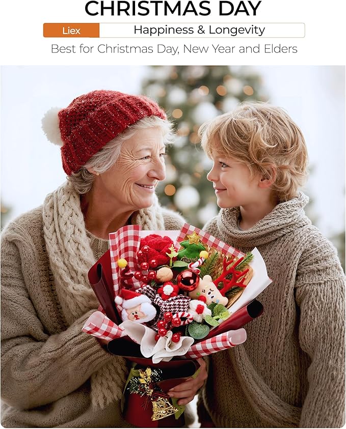 Christmas Crochet Flower Bouquet, Handmade Knitted Flowers with Rose Holly, for Lover Mother Women Family Friends, Lasting Holiday Home Decor