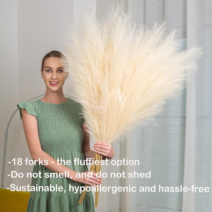 Faux Pampas Grass 6 Stems, Artificial Pampas Grass - 43 inch Total Extra Large Pompass Grass Tall Pompous Boho Flower Arrangement and Floor Vase Filler Home Decor for Room Wedding Party