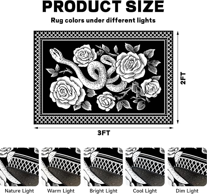 2'x3' Gothic Snake and Rose Area Rug Black and White Floral Vine Floor Mat Retro Boho Carpet Washable Low Pile Indoor Rugs for Entryway Bedroom Living Room Kitchen Home Decor