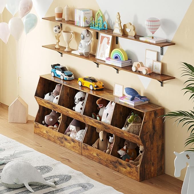 DINZI LVJ Kids Bookshelf, Toy Storage Organizer, Wooden Toy Storage Cabinet, 4 Cubby Children Bookcase, 43.3" L Toddler Book Shelf for Bedroom, Nursery, Hallway, School, Rustic Brown