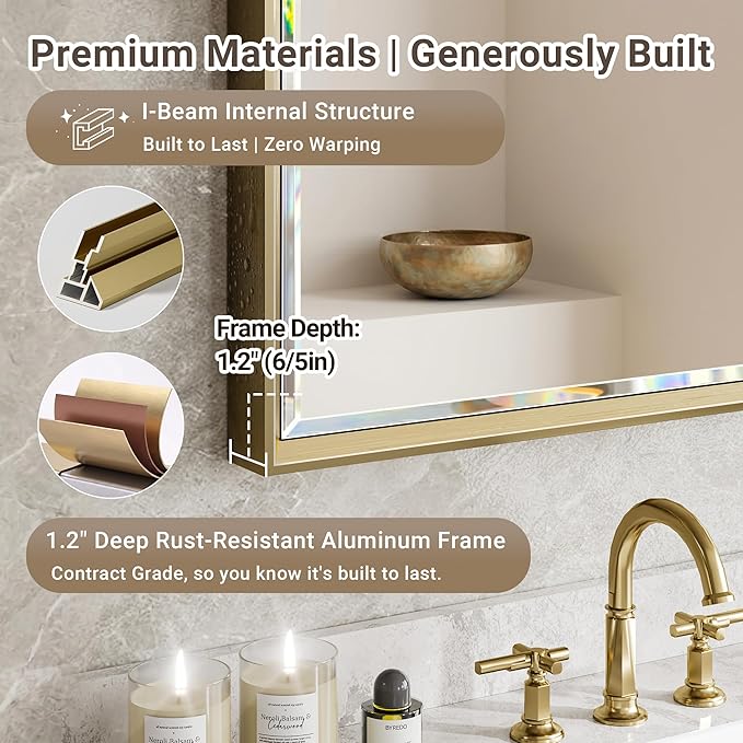 48 x 36 Gold Bathroom Mirror, Brushed Gold Beveled Bathroom Mirror, Shatterproof Large Gold Frame Rectangle Mirror, Brushed Brass Gold Framed Vanity Mirror Vertical/Horizontal Wall-Mounted