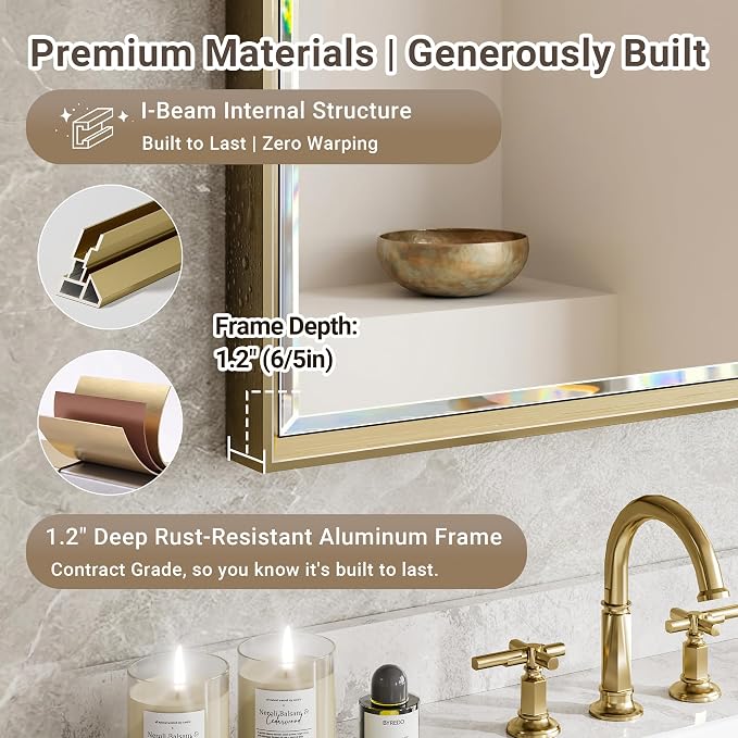 Gold Bathroom Mirror 36x36 Inch Square Beveled Bathroom Vanity Mirror Brushed Gold Framed Bathroom Mirror, Shatterproof Brushed Brass Metal Frame Mirror for Bathroom Wall