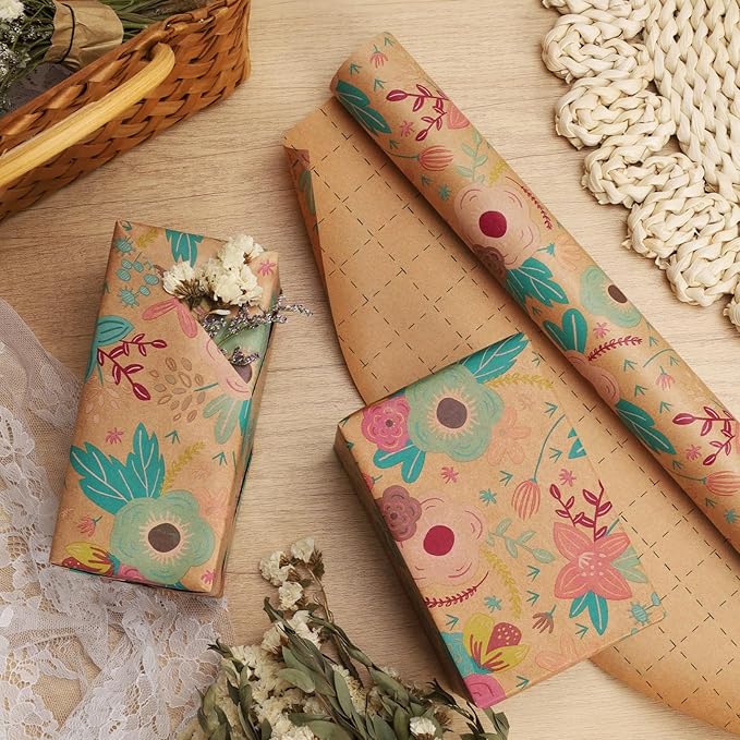 BIOBROWN Kraft Floral Wrapping Paper Roll - 17 Inches X 33 Feet (47 sq. ft. ttl.) Wildflowers Design Flower Gift Wrap for Mother's Day, Wedding, Bridal Shower, Birthday