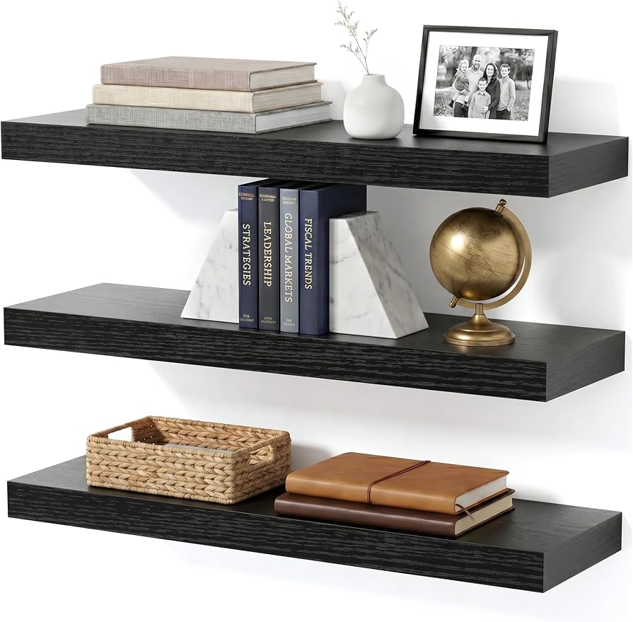 Floating Shelves for Wall, Bathroom Shelves Over Toilet, Wall Shelves & Book Shelf for Room, Hanging Shelf, Modern Wooden Mounted Floating Shelves, 24x7x1.5 in (Black, Set of 3)