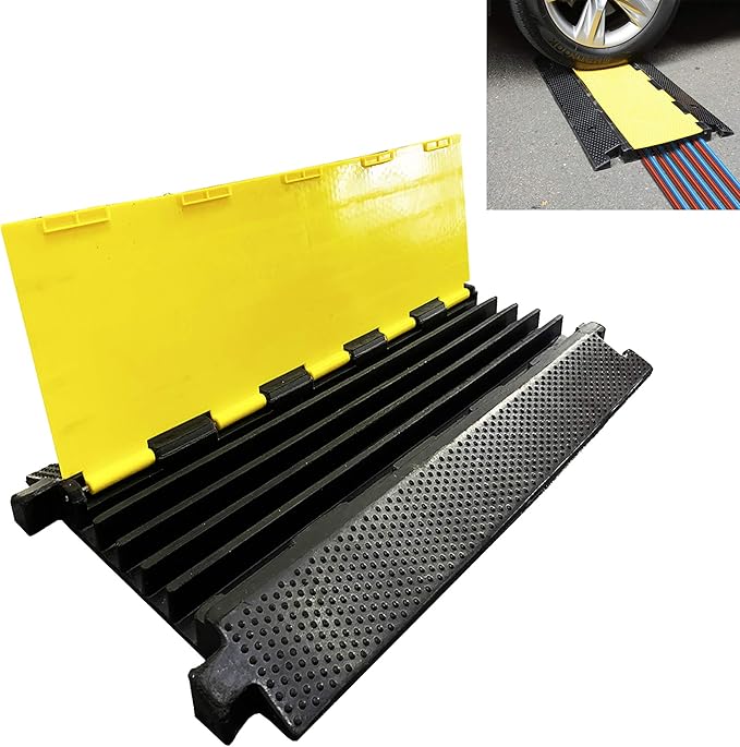 Reliancer 5 Channel Rubber Cable Protector Ramp Traffic Speed Bump 18000lbs Capacity Heavy Duty Cable Protective Cover Ramp Driveway Hose Cord Track Protector Wires Concealer w/Flip-Open Top Cover