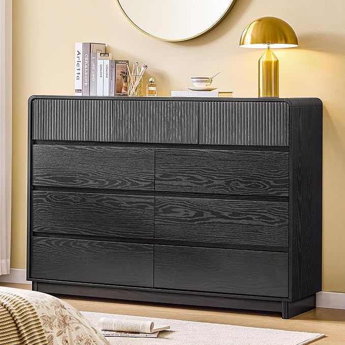 AOGLLATI Modern Wood 9 Drawer Dresser for Bedroom, 55" Long Fluted Double Dressers & Chests of Drawers with Curved Profile Design for Bedroom,Black