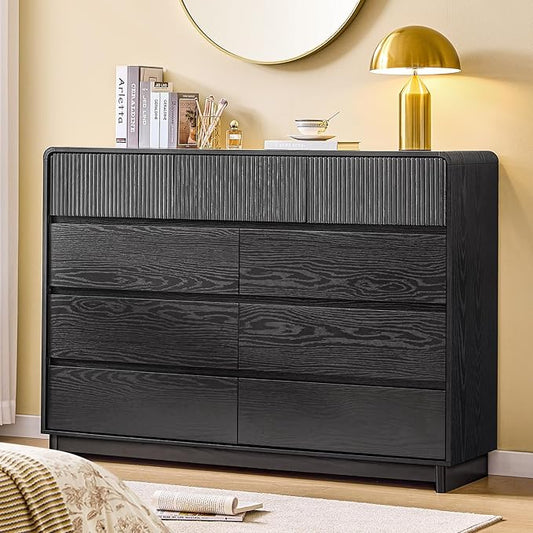 AOGLLATI Modern Wood 9 Drawer Dresser for Bedroom, 55" Long Fluted Double Dressers & Chests of Drawers with Curved Profile Design for Bedroom,Black