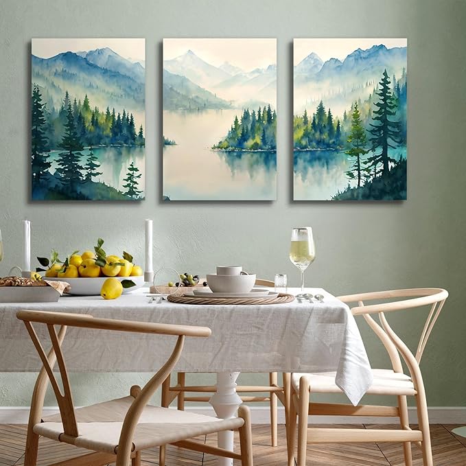 SERIMINO Nature Landscape Wall Art for Living Room, Green Forest Mountain Canvas Prints Paintings Room Decor, Lake Tree Cottagecore Modern Farmhouse Wall Decor Set of 3, 20"X28"