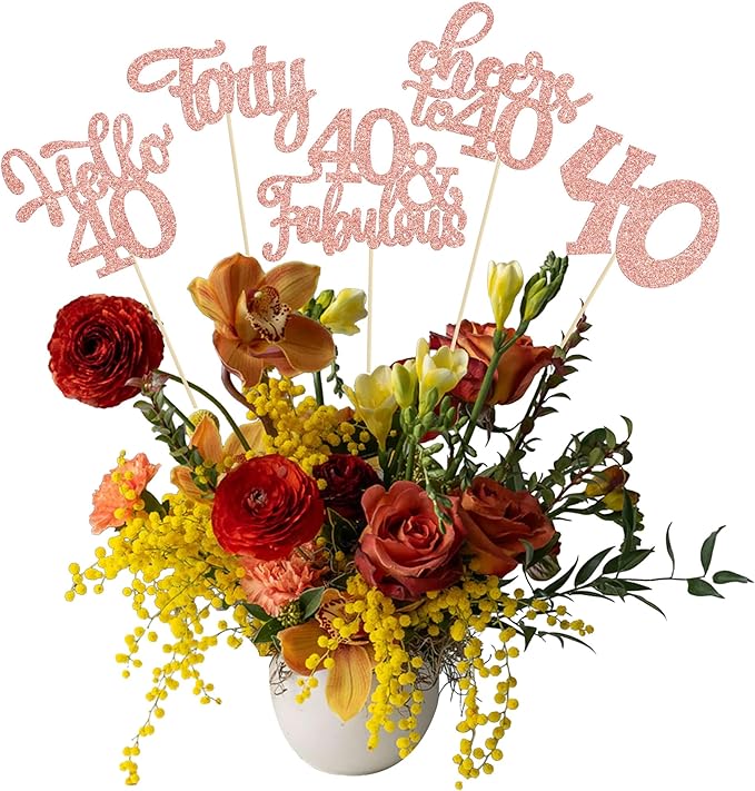 Gyufise 15Pcs 40th Birthday Centerpiece Sticks Forty Happy 40th Table Flower Centerpieces Sticks Cheers to 40 Floral Decorations for 40th Birthday Party Centerpieces Supplies Rose Gold
