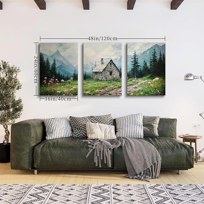 SERIMINO Nature Landscape Canvas Wall Art for Living Room, Forest Mountain Canvas Prints Paintings Room Decor, Cottage Meadow Wildflower Modern Farmhouse Wall Decor Set of 3, 16"X24"