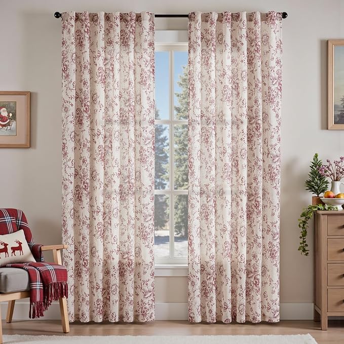 jinchan Linen Blend Curtain Floral Curtains for Living Room 90 Inch Length Christmas Brick Red Printed Curtain Rod Pocket Back Tab Farmhouse Peony Flower Patterned Drapes Curtains Set 2 Panels