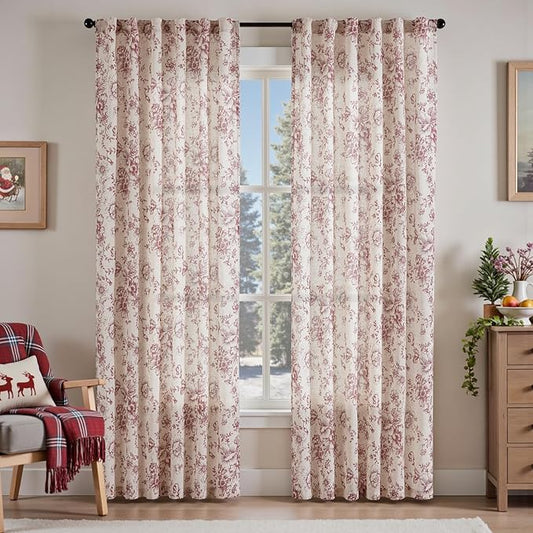 jinchan Linen Blend Curtain Floral Curtains for Living Room 84 Inch Length Christmas Brick Red Printed Curtain Rod Pocket Back Tab Farmhouse Peony Flower Patterned Drapes Curtains Set 2 Panels