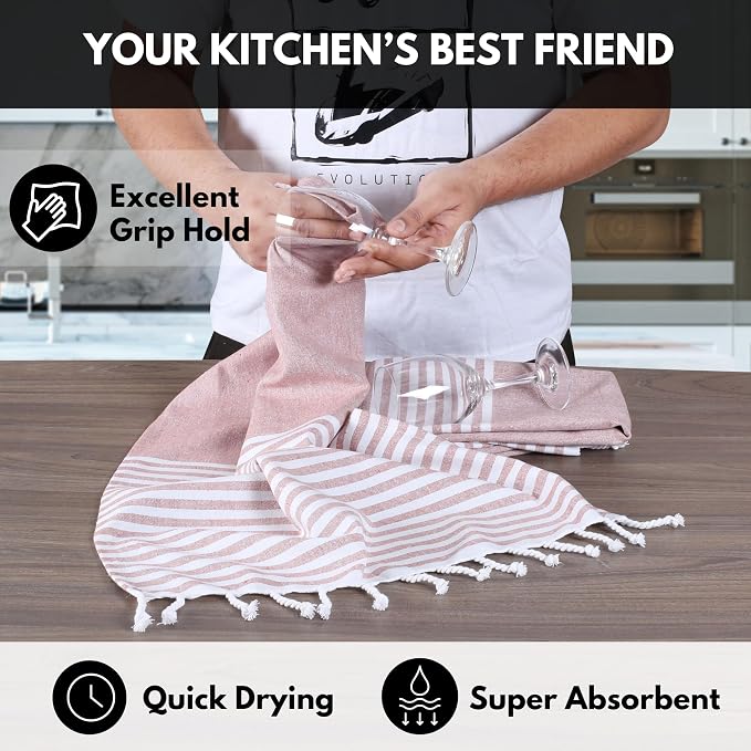 Turkish Kitchen Towels 18x26 Inches with Tassels - 4 Pack - Absorbent, Durable, Soft 100% Cotton Dish Towels for Drying & Cleaning - Machine Washable, Quick Dry - Rust