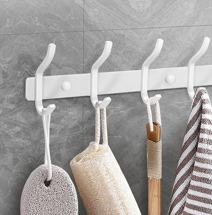 HAMUTH White Wall Hooks Heavy Duty, 12 Inch Coat Hooks Wall Mount with 4 Hooks, Wall Hooks Hangers for Entryway, Bathroom - for Hanging Backpack, Bag, Coat, Purse, Hat, Towel, Clothes